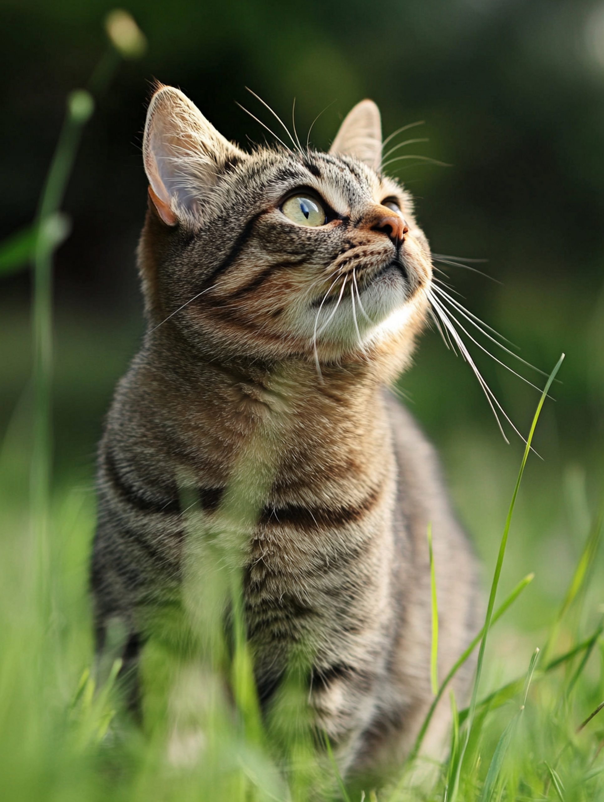 curious tabby cat lush green grass scaled